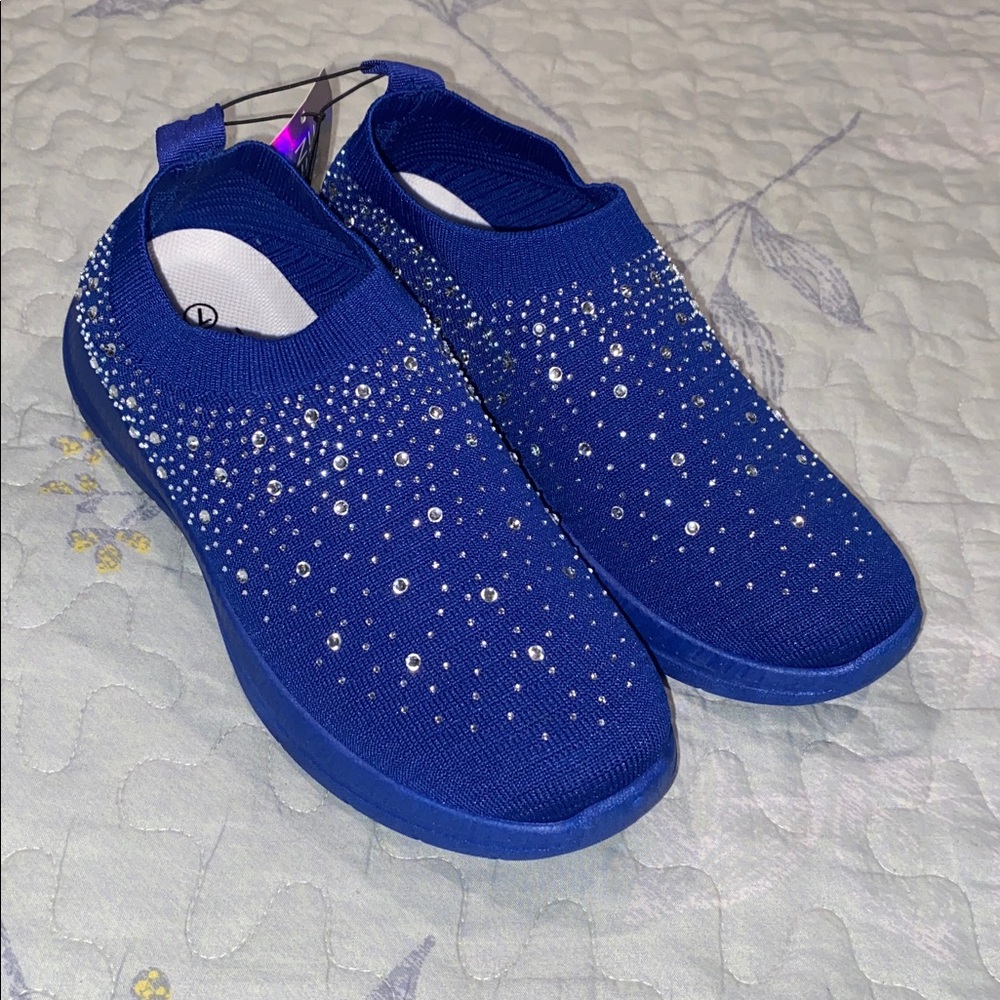 Slip-On Crystal Embellished Knit Sneakers in Royal Blue